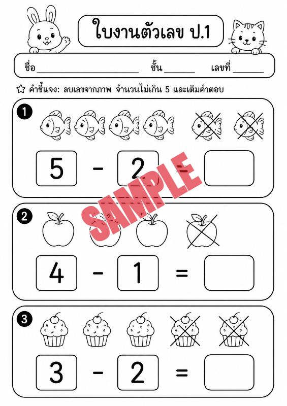 ภาพตัวอย่าง 1 ของ แบบฝึกหัดตัวเลขป.1ชุดที่3